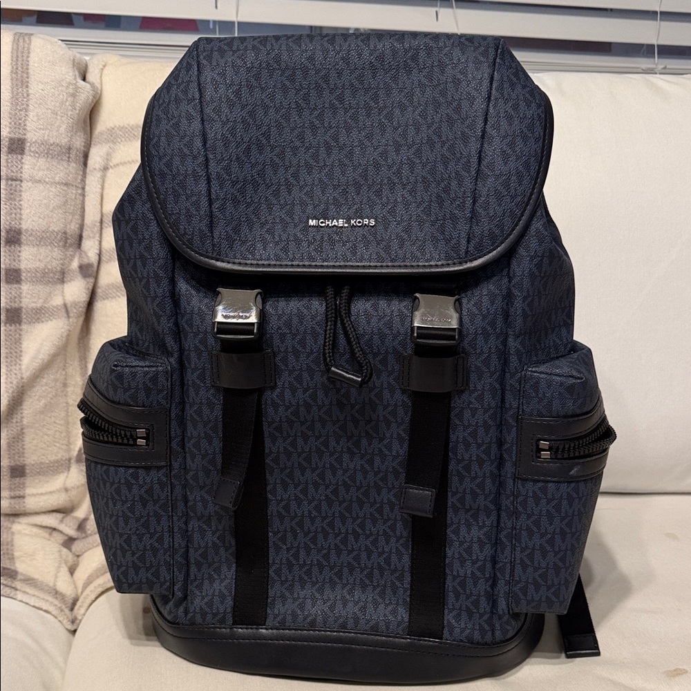 Michael Kors Dark Navy MK Monogram Backpack with Silver Hardware